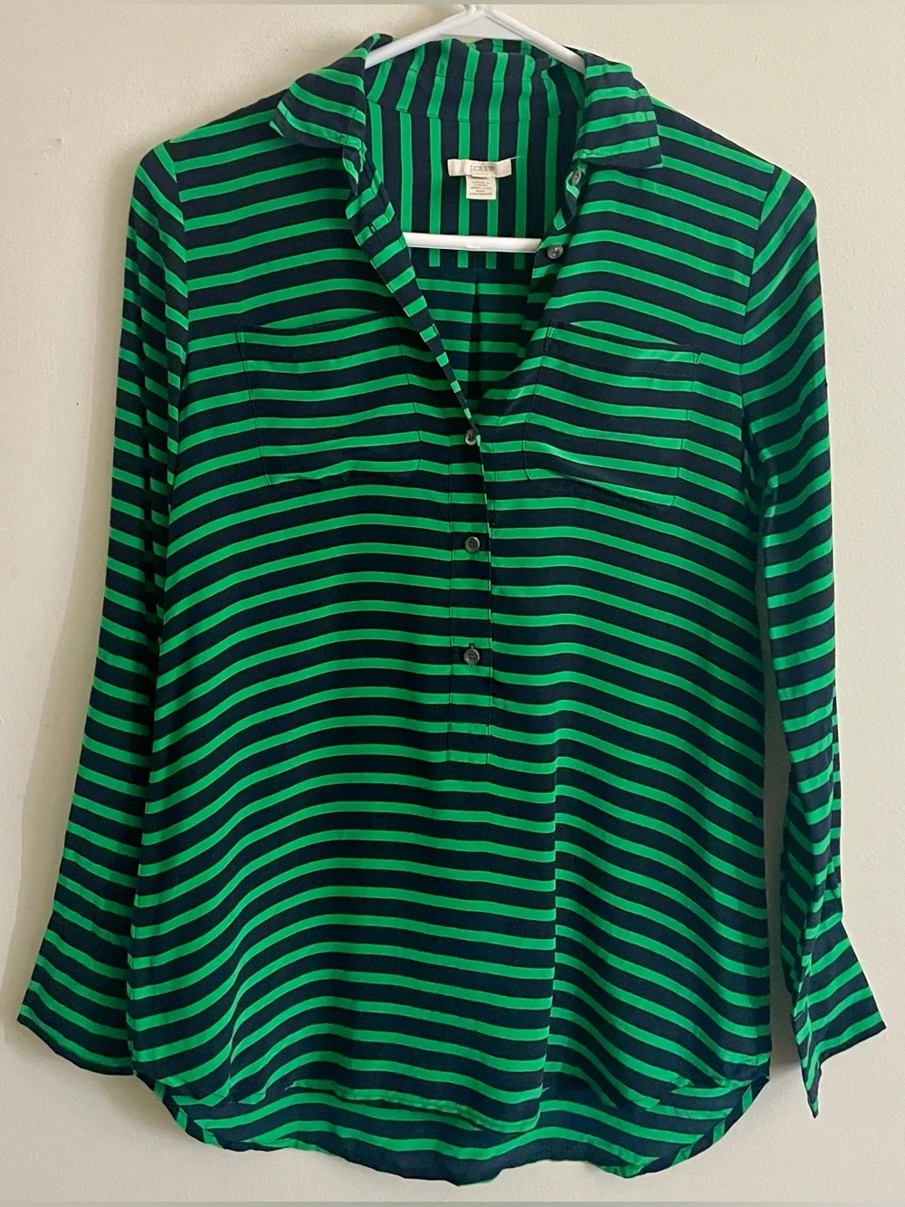 🔱 J. Crew 100% Silk Navy and Green Striped Button-Down Blouse 🔱